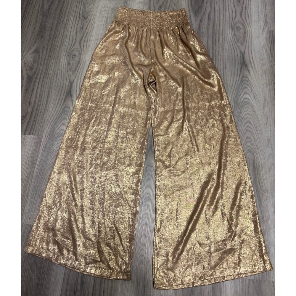 Vine & Love Womens Metallic Gold Wide Leg Smocked Waist Pants Medium Gold Shiny